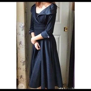 ELIZA J Cuff Sleeve V Neck Ruched Waist Navy Dress